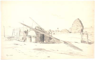 Cabaña de pescadores en Skagen Østerby, con el faro blanco al fondo de Martinus Rørbye