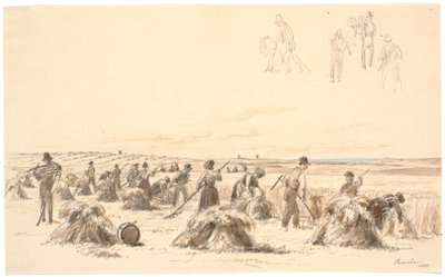 Trabajadores de la cosecha en el campo. En el fondo, molinos y el mar de Martinus Rørbye