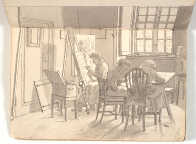 Interior de la academia con artistas pintando y dibujando de Martinus Rørbye