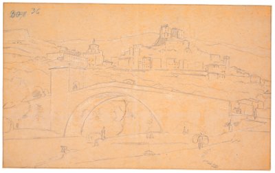 Paisaje italiano con un puente sobre un río y la ciudad de Subiaco al fondo de Martinus Rørbye