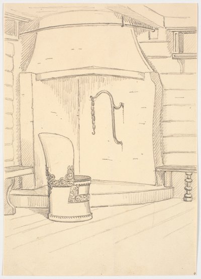 Chimenea y silla de madera redonda con respaldo de Martinus Rørbye