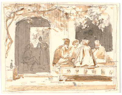 Orientales jugando al ajedrez fuera de una casa de café y barbería turca de Martinus Rørbye