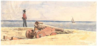 Centinela y cañón en la orilla en Frederikshavn de Martinus Rørbye