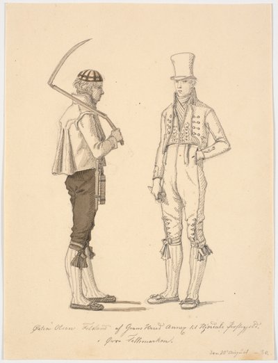 Campesino de pie con guadaña y campesino en traje de gala de Martinus Rørbye