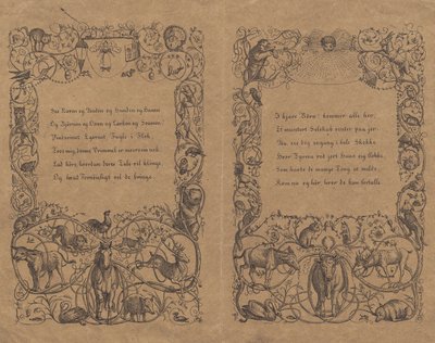 Dos cubiertas con ornamento de cadenas entrelazadas con animales para "Cincuenta fábulas para niños" con escritura de Martinus Rørbye