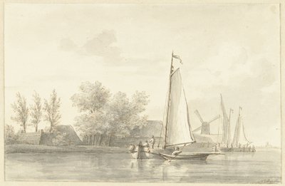 Vista al río con velero y bote de remos de Martinus Schouman