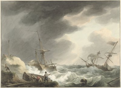 Naufragio de dos barcos, uno de ellos con bandera estadounidense, en una costa de dunas de Martinus Schouman