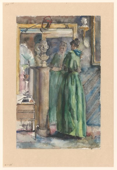 Dama con vestido verde de pie frente a un espejo de Martinus van Andringa