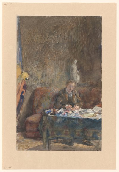 Interior con un hombre escribiendo en un sofá detrás de una mesa de Martinus van Andringa