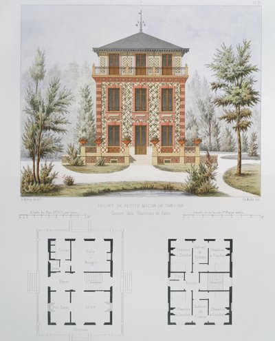 Proyecto para una pequeña casa de campo cerca de París, grabado por Walter, lámina 18 de Architecture Pittoresque et Moderne de Marty