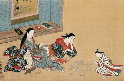 Mujeres jugando a las cartas, de Maruyama Okyo (1733-1765), pintura sobre seda en estilo ukiyo-e, Japón. de Maruyama Okyo
