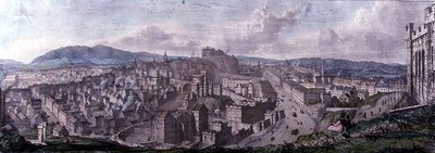 Vista desde la cima de la colina Calton por el Monumento de Nelson mirando al oeste, grabado por William Westall (1781-1850) e impreso por Charles Joseph Hullmandel (1789-1850) 1828 de Mary (after) Stuart