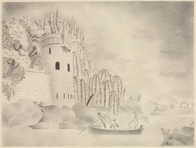 La Torre Solitaria (Castillo sobre un río con sauces y una barca) de Mary Altha Nims