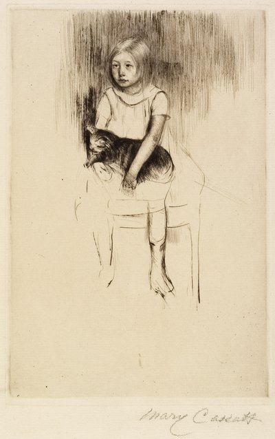 Ellen sosteniendo un gato, mirando a la izquierda, c. 1887 de Mary Cassatt
