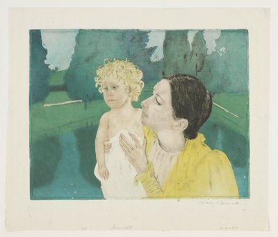 Joven madre en un parque ante un estanque de Mary Cassatt