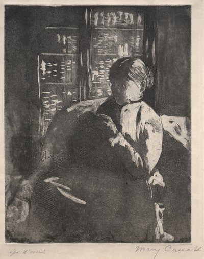 Tejiendo en la biblioteca, c. 1881 de Mary Cassatt