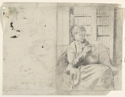 Tejiendo en la biblioteca (recto), c. 1881 de Mary Cassatt