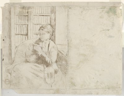 Tejiendo en la biblioteca, c. 1881 de Mary Cassatt
