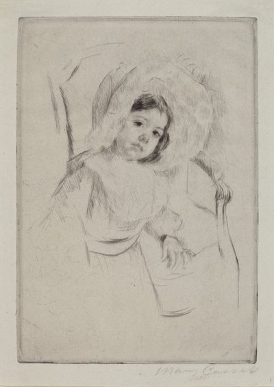 Margot con un sombrero holgado apoyada en una silla de Mary Cassatt