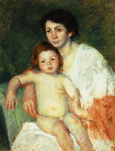 Bebé desnudo en el regazo de su madre descansando su brazo derecho en el respaldo de la silla de Mary Cassatt