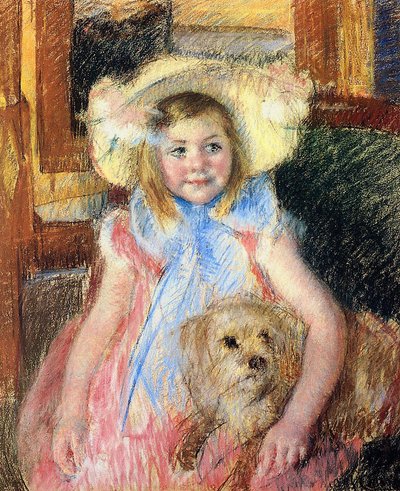 Sara con un gran sombrero floreado, mirando a la derecha, sosteniendo a su perro, c.1901 de Mary Cassatt