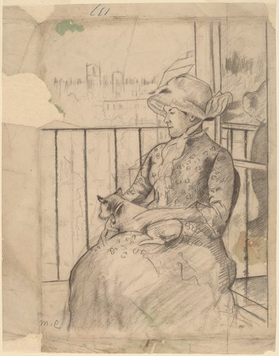 Susan en un Balcón Sosteniendo un Perro (recto) de Mary Cassatt
