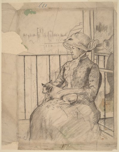 Susan en un balcón sosteniendo un perro [recto] de Mary Cassatt
