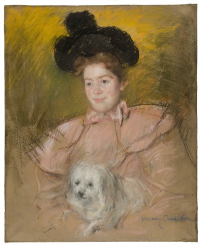 Mujer en traje de frambuesa sosteniendo un perro, c. 1901 de Mary Cassatt