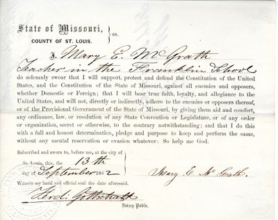 Juramento de lealtad de Mary E. McGrath de Missouri, Condado de St. Louis de Mary E. McGrath