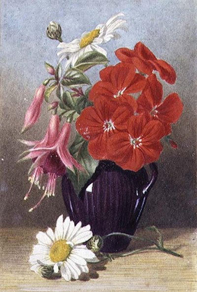 Geranios y fucsias en una jarra púrpura esmaltada de Mary Elizabeth Duffield
