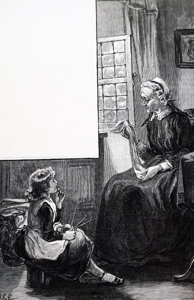 Una abuela examinando los esfuerzos de su nieto en tejer de Mary Ellen Edwards