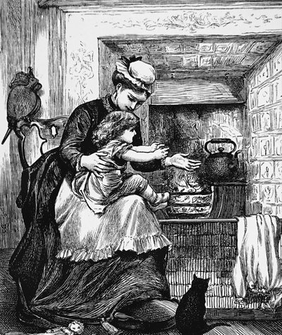 Una niñera con un niño frente a una chimenea de Mary Ellen Edwards