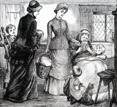 Una mujer dando regalos a un campesino pobre. Por Mary Ellen Edwards (1838-1934) una artista inglesa de Mary Ellen Edwards