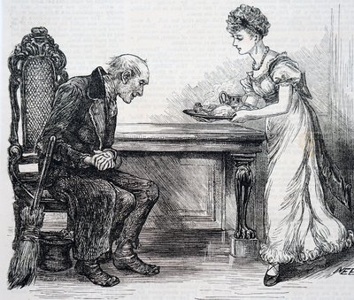 Una mujer dando una cena caliente al barrendero. Por Mary Ellen Edwards (1838-1934) una artista inglesa de Mary Ellen Edwards