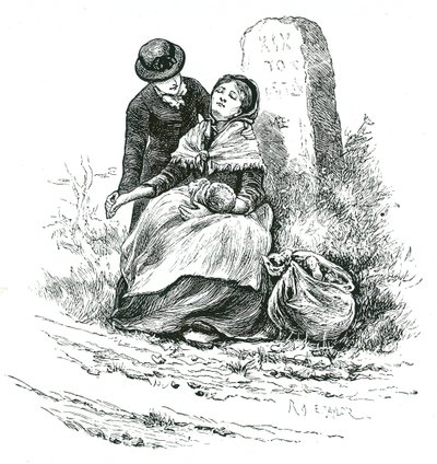 Una madre soltera indigente encontrada exhausta en su camino al asilo con su bebé. Escena reminiscente de una novela de Thomas Hardy pero no poco común en áreas rurales de todo el país. Ilustración de Mary Ellen Edwards c. 1881. de Mary Ellen Edwards