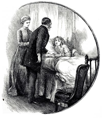 Un grabado que representa a un médico visitando a su joven paciente en casa de Mary Ellen Edwards