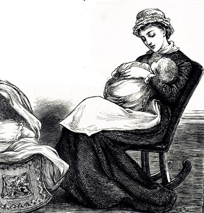 Un grabado que representa a una madre meciendo a su bebé. Ilustrado por Mary Ellen Edwards (1838-1934) una artista inglesa y prolífica ilustradora de libros infantiles de Mary Ellen Edwards