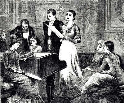 Grabado que representa una velada musical. Ilustrado por Mary Ellen Edwards (1838-1934), una artista e ilustradora inglesa de libros infantiles de Mary Ellen Edwards