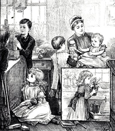 Un grabado que representa una escena regular de una familia victoriana adinerada. En la imagen principal, los niños son vigilados por su niñera mientras juegan con bloques de construcción. La imagen insertada muestra a una niña pequeña colocando una planta de Mary Ellen Edwards