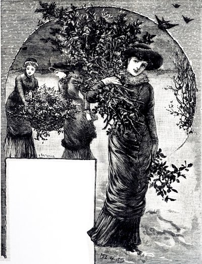 Grabado que representa la recolección de acebo y siempreverde para la decoración navideña. Ilustrado por Mary Ellen Edwards (1838-1934), una artista e ilustradora inglesa de libros infantiles de Mary Ellen Edwards