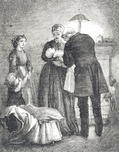 Grabado de un médico examinando a un bebé con sarampión de Mary Ellen Edwards