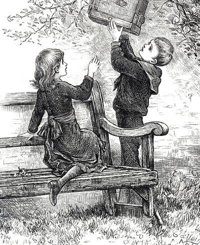 Grabado que representa a niños con su gorrión mascota en su jaula de Mary Ellen Edwards