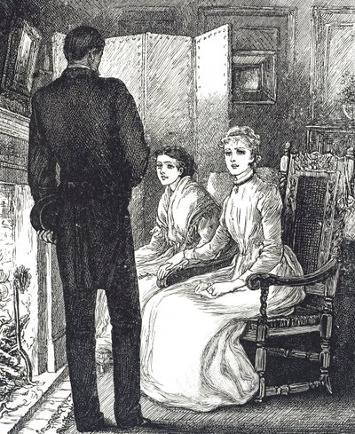 Grabado que representa a dos mujeres calentándose junto a la chimenea de Mary Ellen Edwards