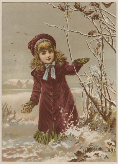 Niña llevando pan para alimentar a los pájaros en la nieve de Mary Ellen Edwards