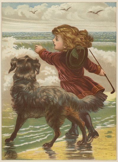 Niña con perro en la playa de Mary Ellen Edwards