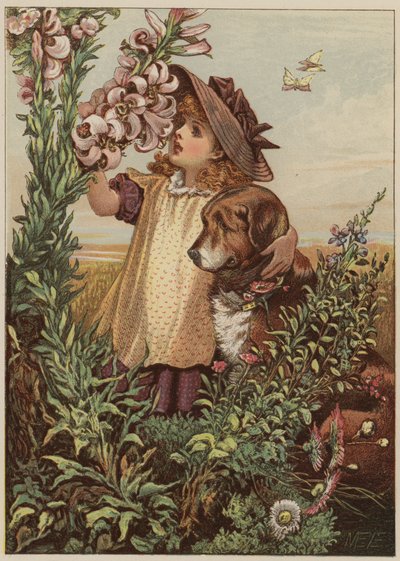 Niña con perro oliendo flores de Mary Ellen Edwards