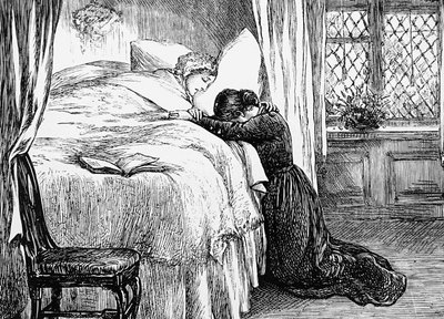 Ilustración que muestra a una hija llorando en el lecho de muerte de su madre de Mary Ellen Edwards