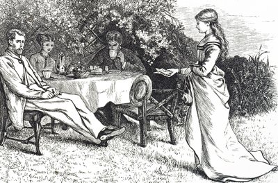 Ilustración que representa a una familia desayunando en el jardín de Mary Ellen Edwards