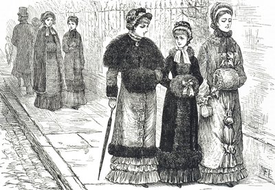 Ilustración que representa a mujeres jóvenes con manguitos, para mantener sus manos calientes durante el clima frío de Mary Ellen Edwards