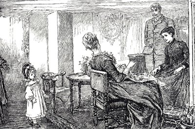 Ilustración de una niña cuidada por sus tías y tío por una tarde de Mary Ellen Edwards